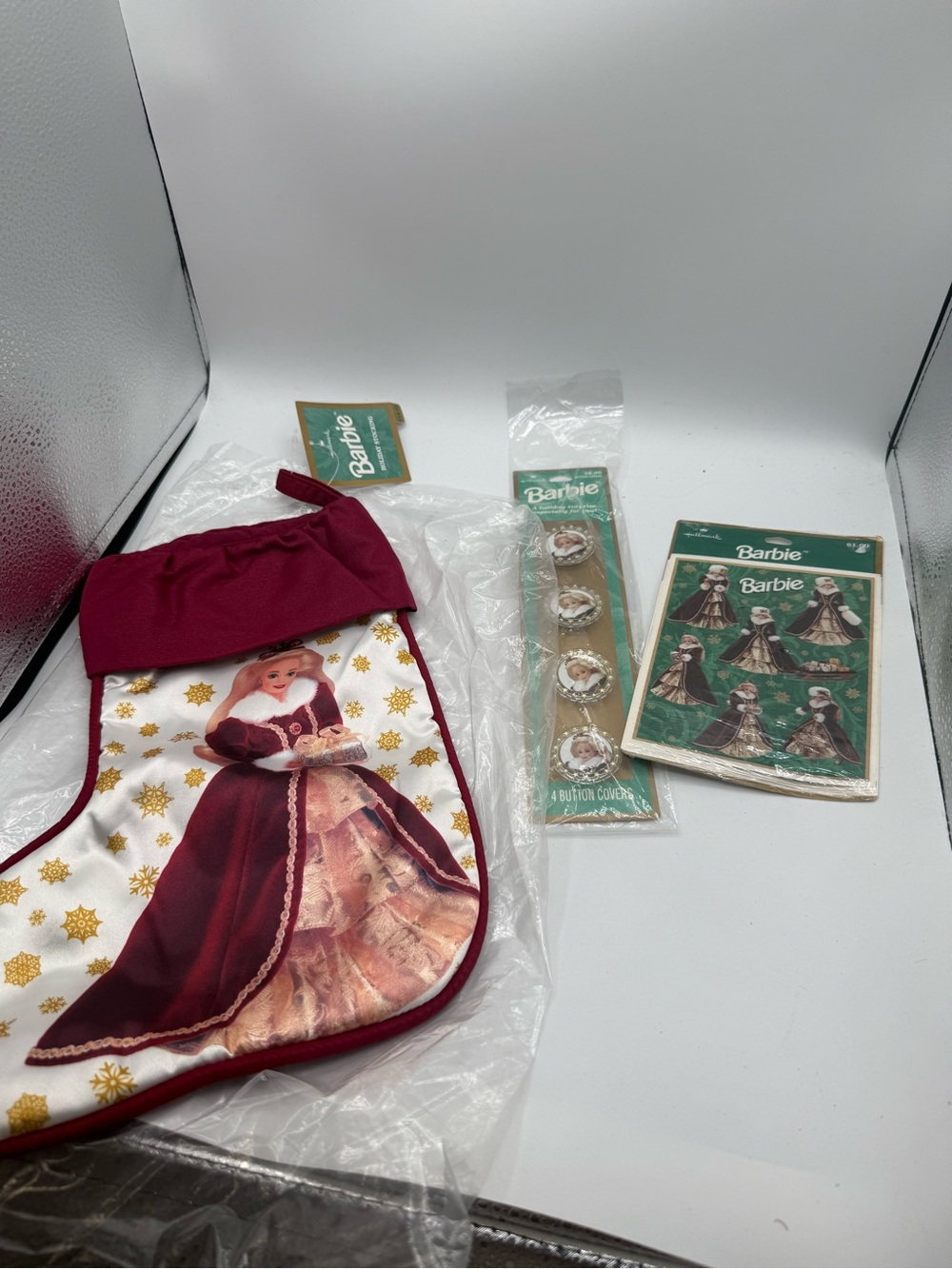 Lot of 3 Happy Holidays Barbie 1996 Stocking, Stickers, Button Covers